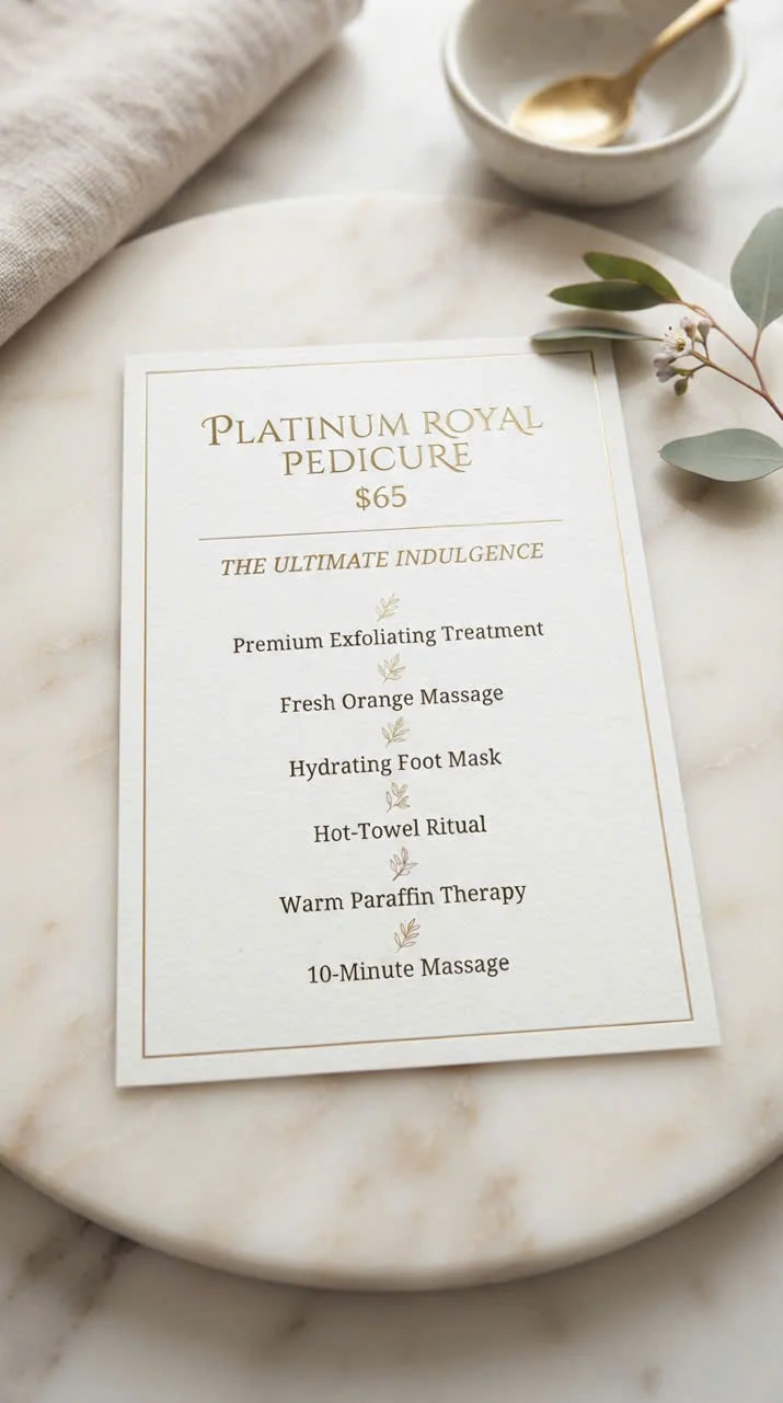 Printed Platinum Royal Pedicure ritual card with soothing marble and botanical setting